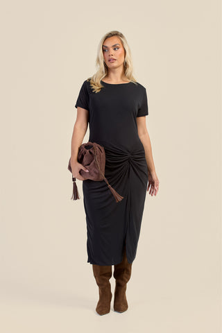Curve Textured Knit Knotted Front Midi Dress