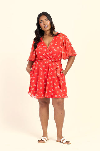 Curve Wrap Front Ditsy Floral Belted Playsuit