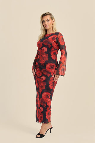 Curve Large floral flare sleeve mesh maxi dress