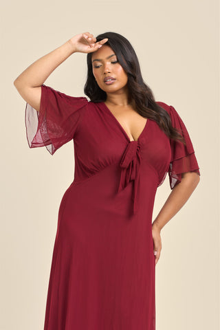 Curve Flutter Sleeve Burgundy Mesh Tie Front Midi Dress