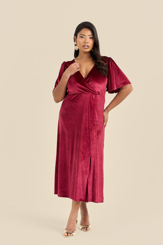 Curve flutter sleeve wrap velvet Burgundy midi dress