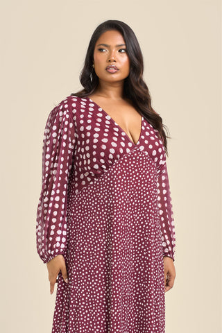 Curve Balloon Sleeve Mixed Polka Dot Midi Dress