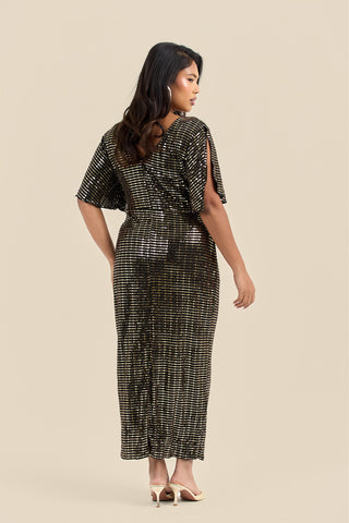 Plus Size Gold Sequin Ruched Flutter Sleeve Midi Dress