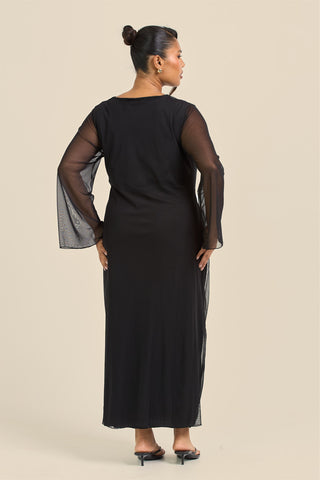 Curve Twist Front Flare Sleeve Black Mesh Midi Dress