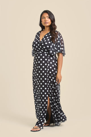 Curve Angel Sleeve Wrap Front Polka Dot Maxi Dress
