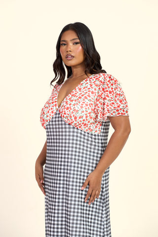Curve Gingham And Floral Mixed Print Flutter Sleeve Midi Dress