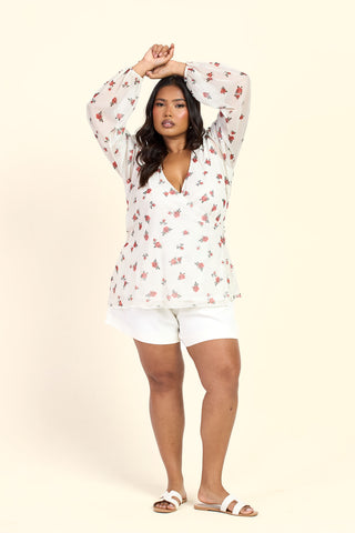 Curve Ditsy Print Wrap Balloon Sleeve Mesh Blouse