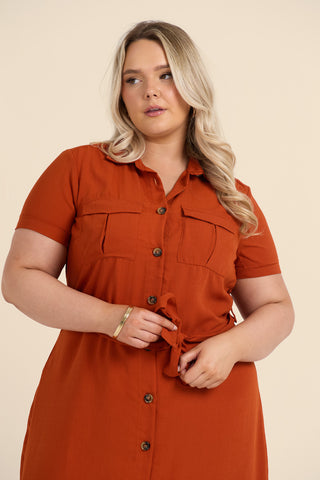 Curve Button Front Belted Shirt Dress