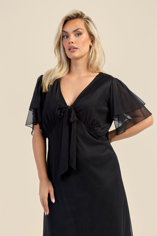 Curve Flutter Sleeve Black Mesh Tie Front Midi Dress