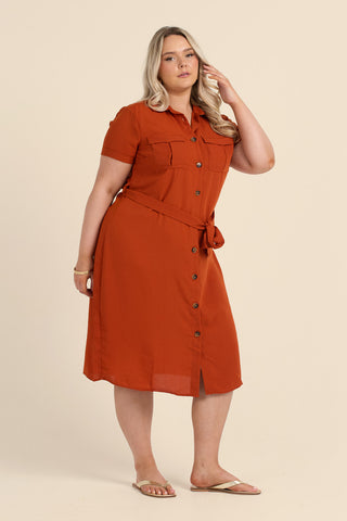 Curve Button Front Belted Shirt Dress