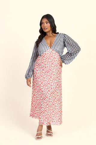 Curve Floral And Gingham Balloon Sleeve Midi Dress