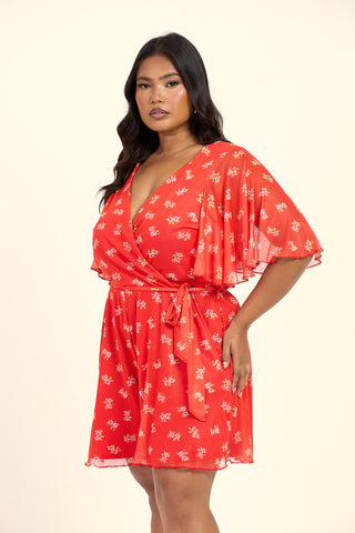 Curve Wrap Front Ditsy Floral Belted Playsuit