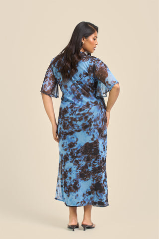 Curve Blue Abstract Print Flutter Sleeve Ruched Midi Dress