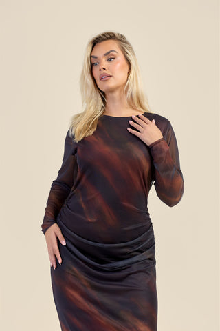 Curve Ombre Stripe Ruched Mesh Midaxi Dress