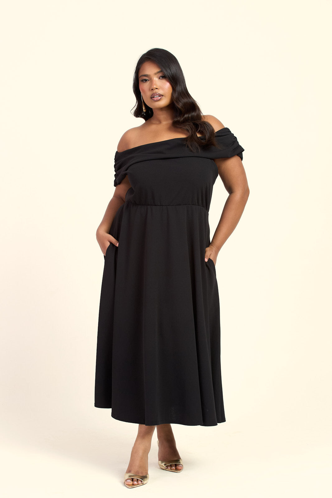 Plus Size Black Bardot Flared Skirt Midi Skater Dress Fashion//SZN Plus Size Black Bardot Flared Skirt Midi Skater Dress Fashion//SZN