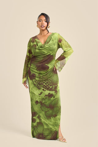 Curve Abstract Blurred Floral Cowl Neck Maxi Dress