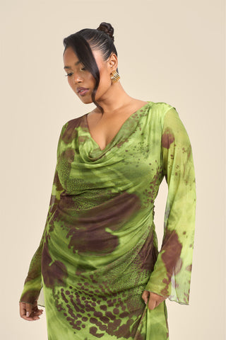 Curve Abstract Blurred Floral Cowl Neck Maxi Dress