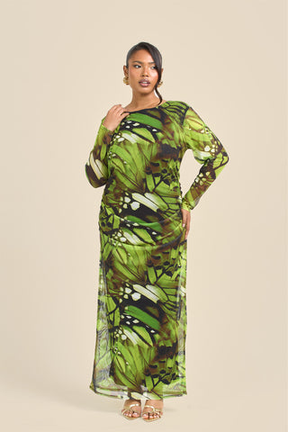 Curve Abstract Print Ruched Mesh Midaxi Dress