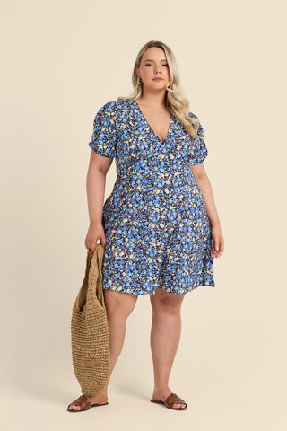 Curve Ditsy Print Puff Sleeve Mini Skater Dress