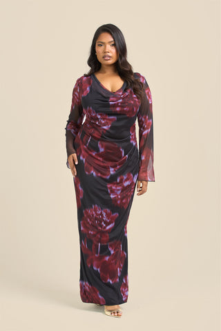Curve Cowl neck Mesh flare sleeve Dark floral Maxi Dress