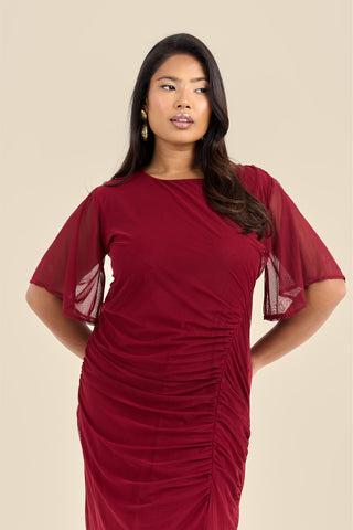 Plus Size Ruched Mesh Angel Sleeve Midaxi Dress