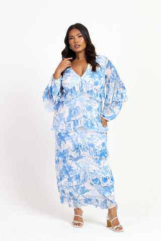 Curve Blue Floral Print Ruffle Balloon Sleeve Maxi Dress
