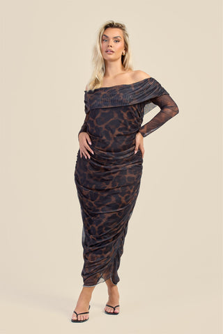 Curve Bardot Leopard Print Ruched Midaxi Dress
