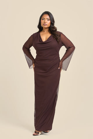 Curve Cowl Neck Long Sleeve Mesh Maxi Dress