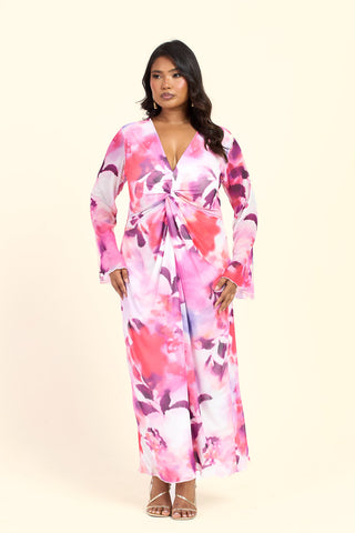 Curve Floral Twist Front Plunge Flare Sleeved Midi Dress