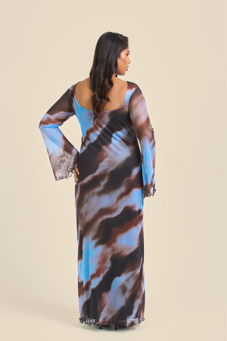 Curve Blue Abstract Print Flare Sleeve Mesh Maxi Dress