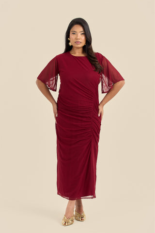 Plus Size Ruched Mesh Angel Sleeve Midaxi Dress