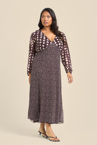 Curve Chocolate Polka Dot Balloon Sleeve Mesh Midi Dress