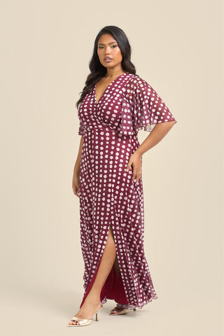 Curve Angel Sleeve Wrap Front Polka Dot Maxi Dress