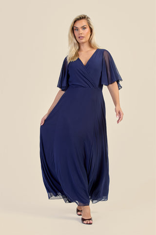 Curve Wrap Front Angel Sleeve Mesh Maxi Dress