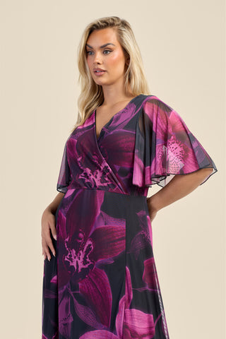 Curve Dark Purple Floral Wrap Front Angel Sleeve Maxi Dress