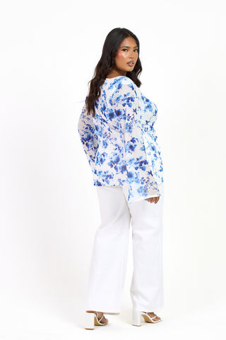 Curve Blue Floral Twist Front Flare Sleeve Top