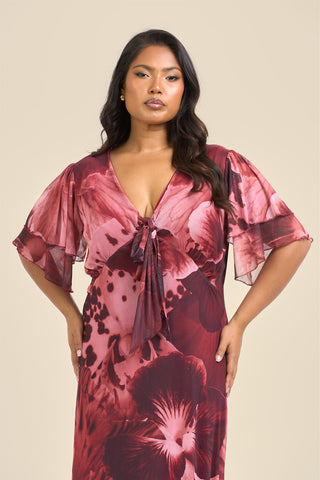 Curve Bold Pansy Print Flutter Sleeve Tie Front Midi Dress