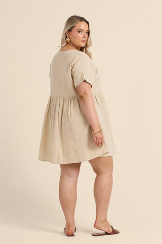 Curve Button Front Cheese Cloth Mini Smock Dress