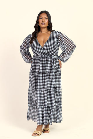 Curve Gingham Print Wrap Tie Belt Tiered Maxi Dress