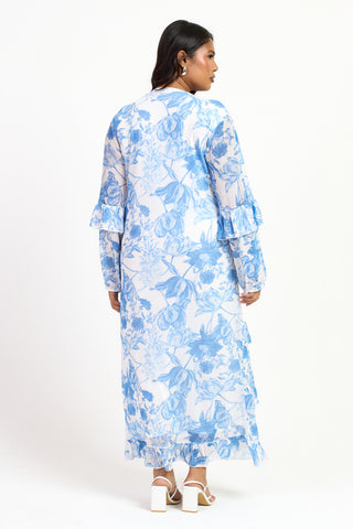 Curve Blue Floral Print Ruffle Balloon Sleeve Maxi Dress