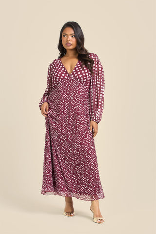 Curve Balloon Sleeve Mixed Polka Dot Midi Dress