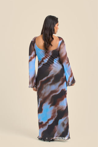 Curve Blue Abstract Print Flare Sleeve Mesh Maxi Dress