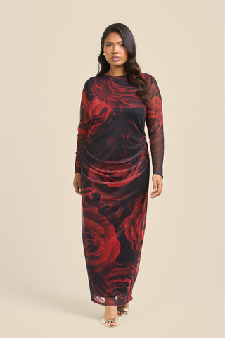 Curve rose print ruched midaxi dress
