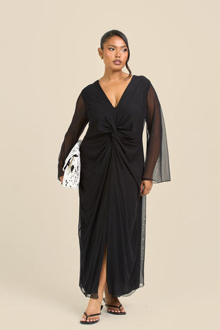 Curve Twist Front Flare Sleeve Black Mesh Midi Dress