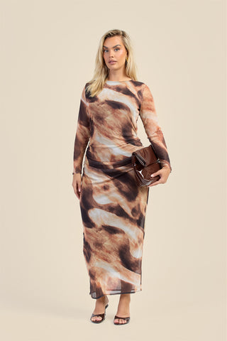 Curve long sleeve mesh abstract print midaxi print