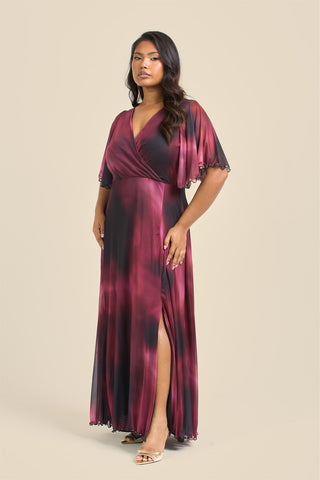 Curve Angel Sleeve wrap front maxi dress in berry abstract print