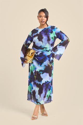 Curve Flare Sleeve Round Neck Printed Mesh Dress