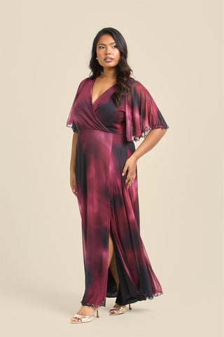 Curve Angel Sleeve wrap front maxi dress in berry abstract print