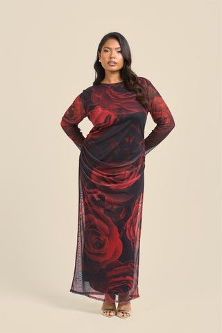 Curve rose print ruched midaxi dress