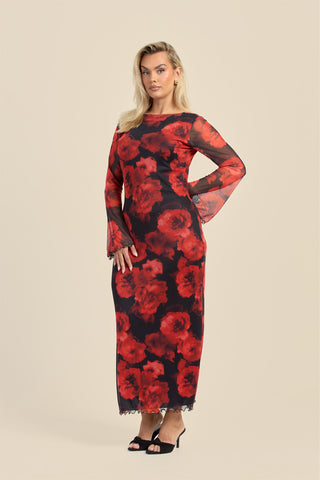 Curve Large floral flare sleeve mesh maxi dress
